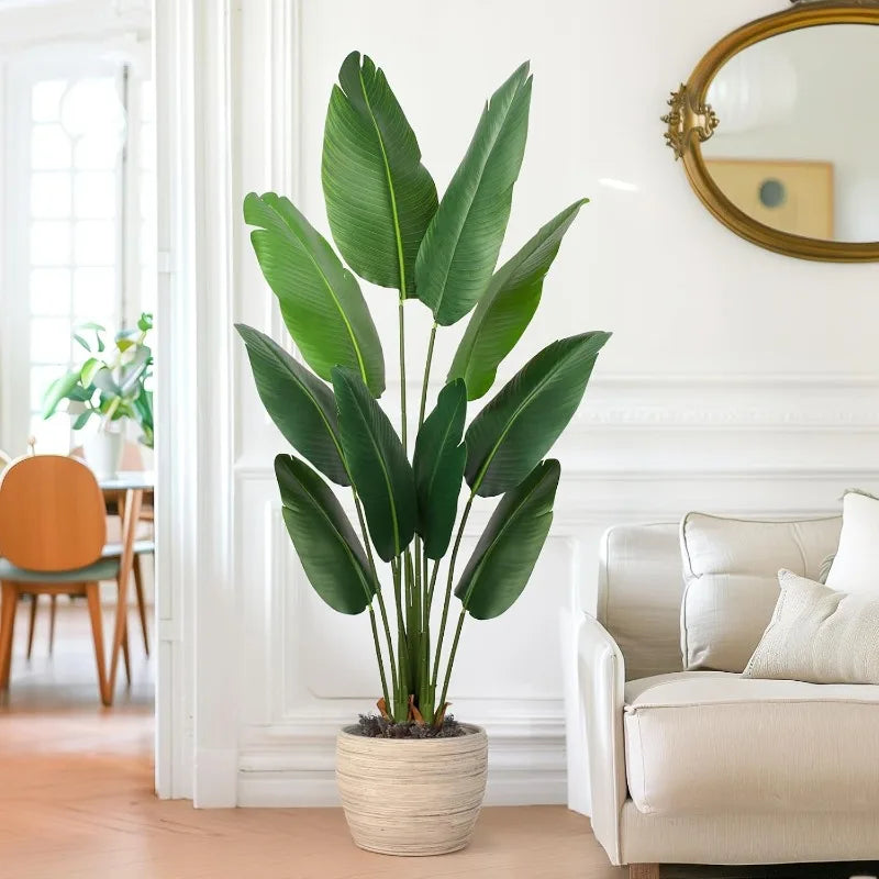 Artificial Bird of Paradise Plant 5 Ft Tall Fake Banana Leaf Plant for Indoors and Outdoors,Faux Palm Tree with Plastic Pot