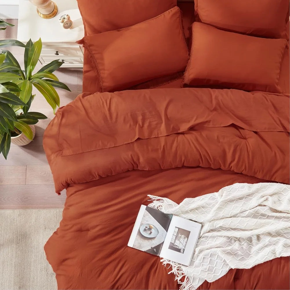King Size Comforter Set with Sheets Burnt Orange - 7 Pieces Bed in a Bag Boho Soft Lightweight