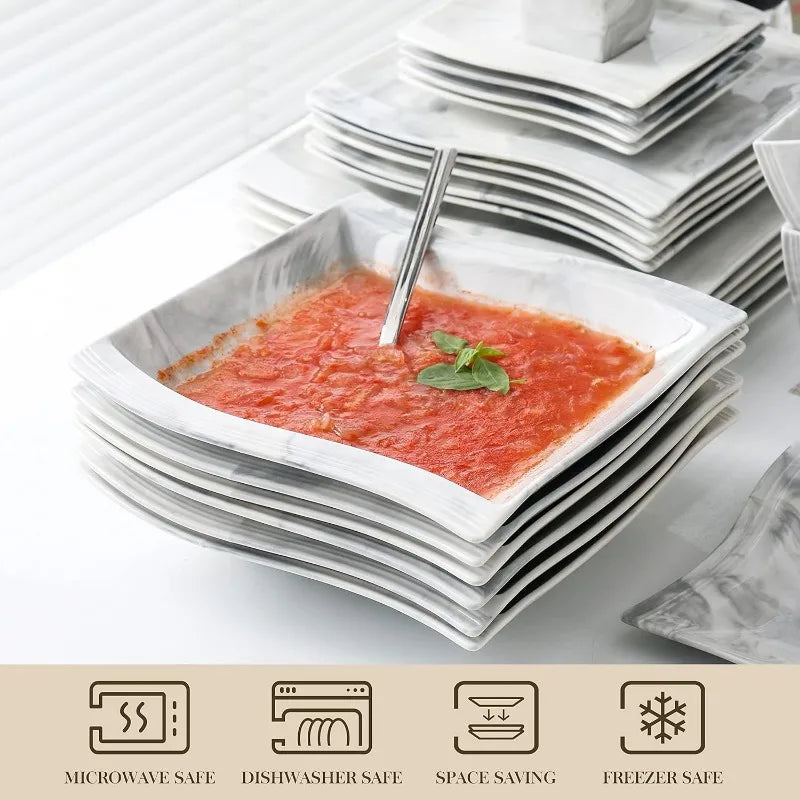 Porcelain Dinnerware Sets, Modern Square Dinner Set Plates and Bowls for Dessert, Salad and Pasta,
