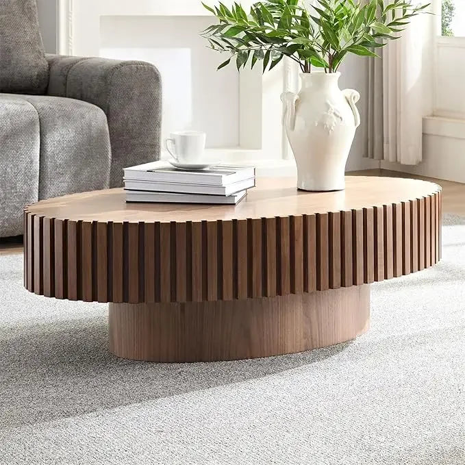 'Oval Drum Coffee Table for Living Room, Handcrafted Relief, Sturdy Pedestal, Wooden Olive-Shaped Tea Table