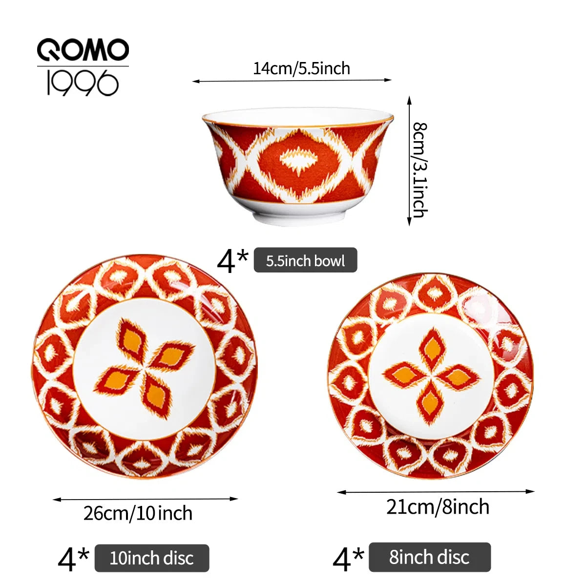 12 Pieces Porcelain Dinnerware Set Full Set Red Flame Pattern Ceramics Tableware with Bowl & Soup