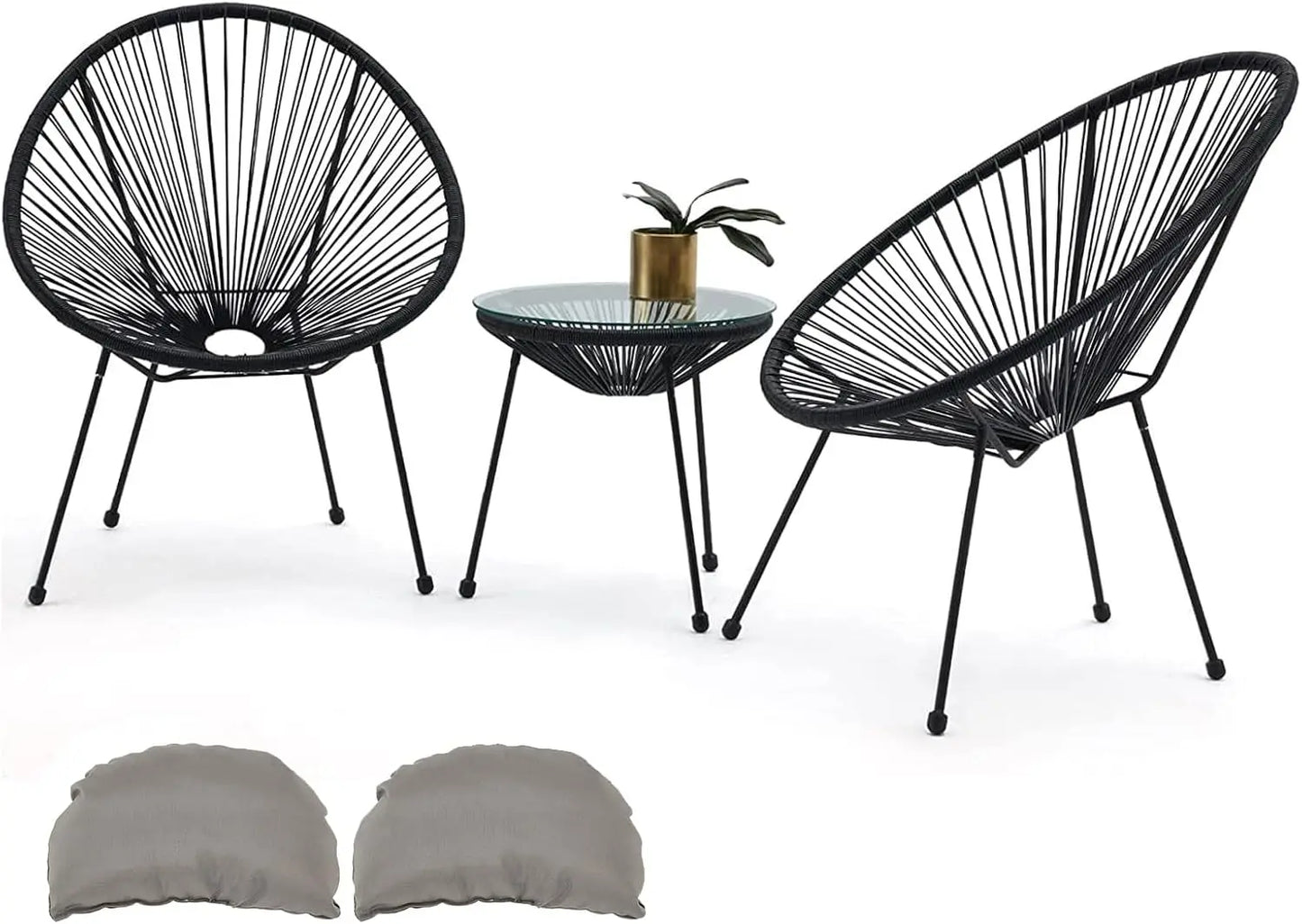 Wicker Bar Set with Pillow and Glass Tabletop, Outdoor Rattan Reception Set, Terrace Chair, All-weather, 3-Piece
