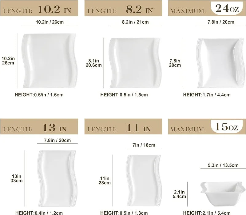 Porcelain Dinnerware Sets, Modern Square Dinner Set Plates and Bowls for Dessert, Salad and Pasta,