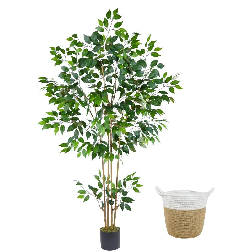 Artificial Ficus Tree, 6ft Tall Silk Fake Ficus Leaves Plant with Basket, Indoor Outdoor