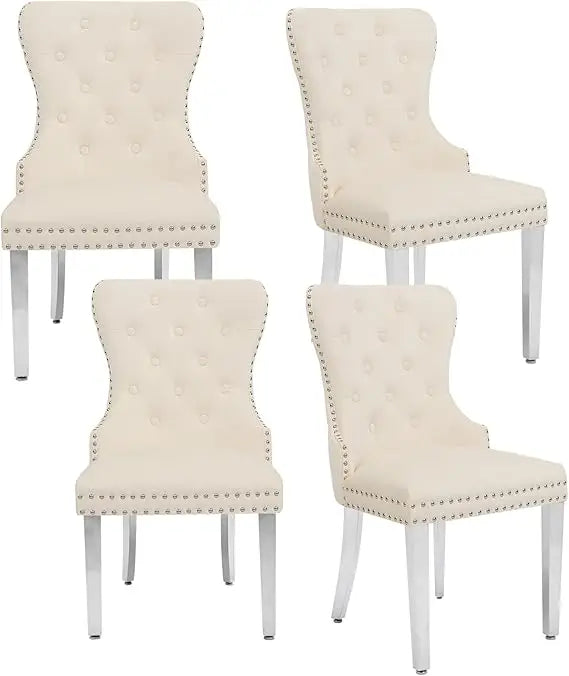 PU Leather Dining Chairs Set of 4, Tufted Upholstered Dining Room Chair with Solid Wood Legs and Pull Ring, Black