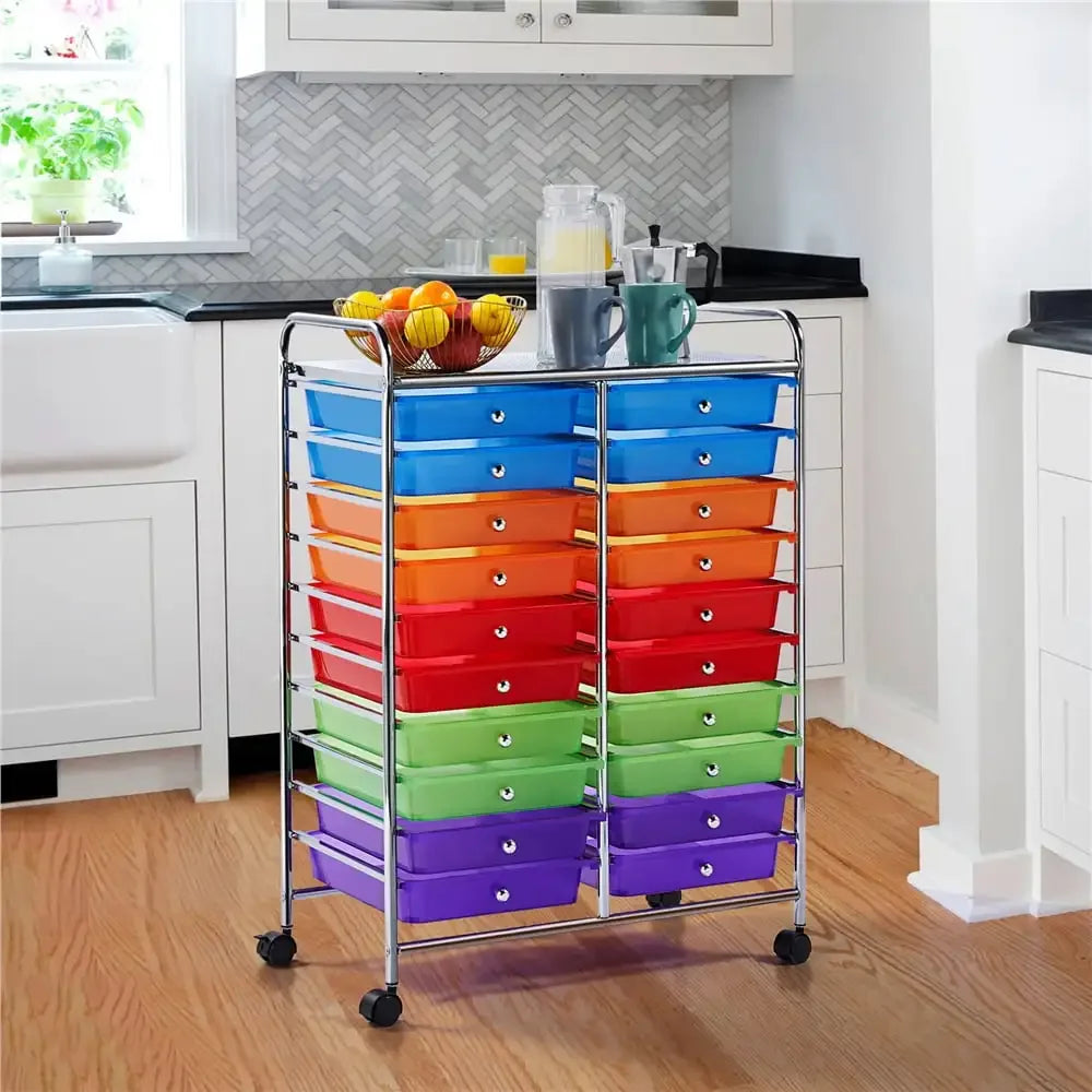 Metal Frame Storage Cart Rolling Bin with Lockable Wheels, Multicolor Kitchen Cart, Shelving