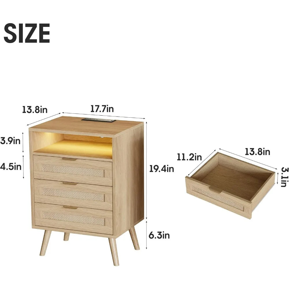 Rattan Nightstand with Charging Station USB Port Led Lights and 3 Storage Drawers, Bedroom Furniture Night Stand BedsideTable