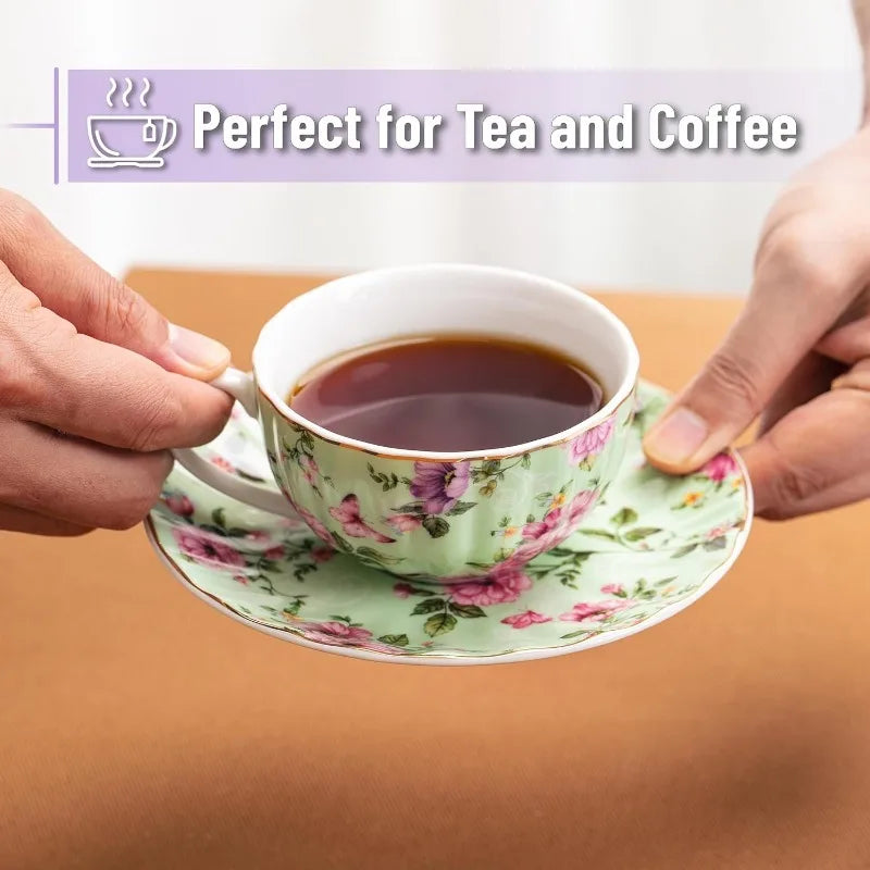 BTaT- Floral Tea Cups and Saucers, 7 oz, Tea Cups Set of 6, Porcelain Tea Cups, Cup & Saucer Sets, Cup Set of 6