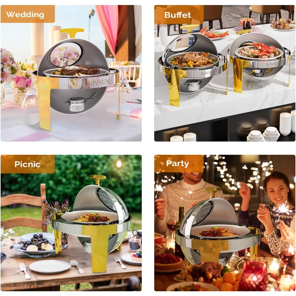 Chafing Dish Buffet Set Gold Accent,6 Quart Round Stainless Steel Chafer, Buffet Servers and Warmers