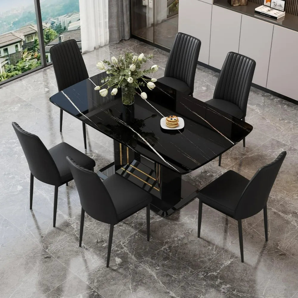 Table and Chairs for 6, Black Faux Marble Pattern Table with 6 Dining Chairs Suitable for Kitchen Sets