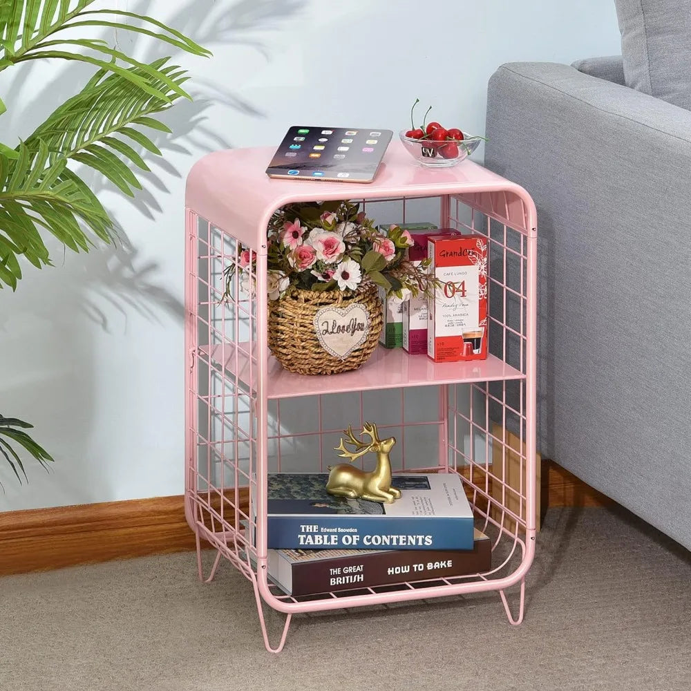 Metal Side Table,Cute Pink Nightstand,3 Tier End Table with Storage