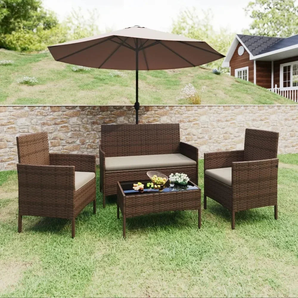 Outdoor Sofa Set of 4 with Soft Cushion and Glass Table, Patio Furniture