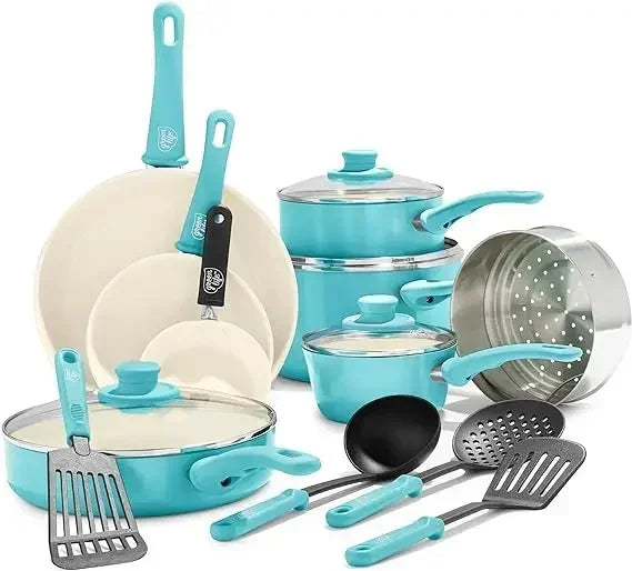 Soft Grip Healthy Ceramic Nonstick, 16 Piece Cookware Pots and Pans Set,