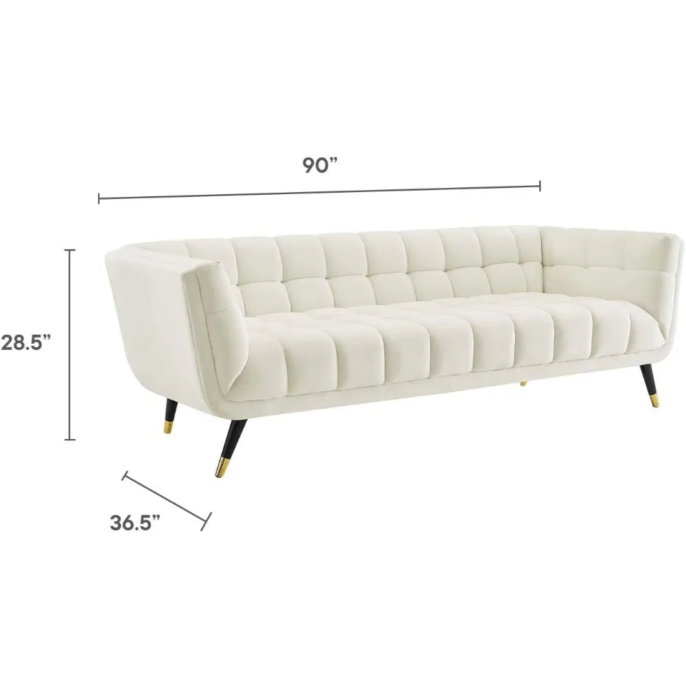 Adept Contemporary Mid-Century Modern Performance Velvet Upholstered Tufted Sofa in Ivory