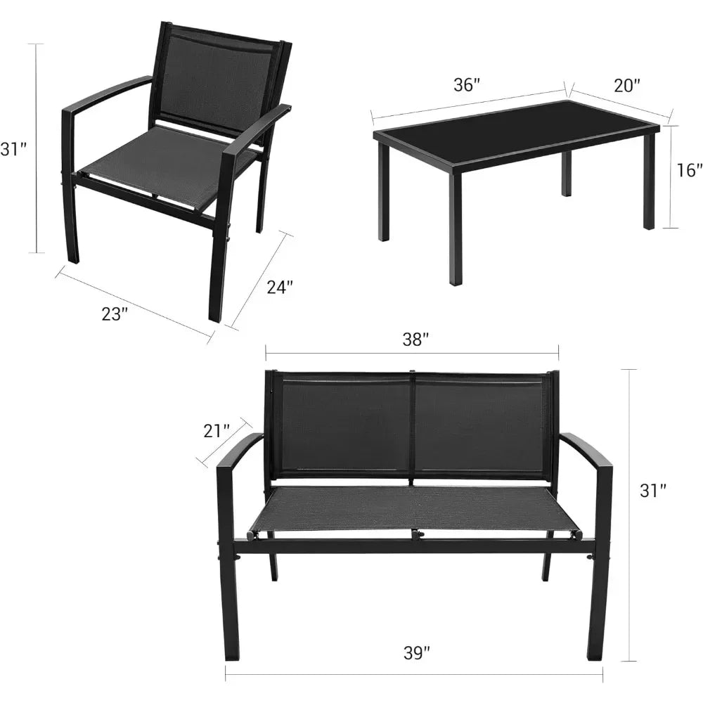 4 Pieces Outdoor Patio Furniture Modern Conversation Black Bistro Set with Loveseat Tea Table for Home, Lawn and Balcony