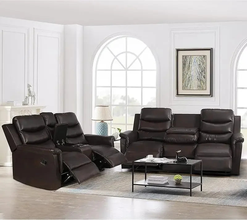 Sofa Set with 2 Recliners,3-Seater Leather Adjustable Loveseat Couch