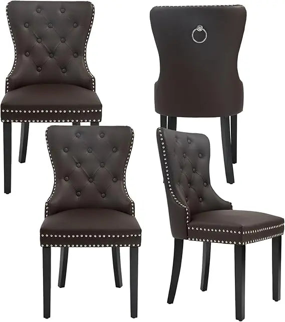 PU Leather Dining Chairs Set of 4, Tufted Upholstered Dining Room Chair with Solid Wood Legs and Pull Ring, Black