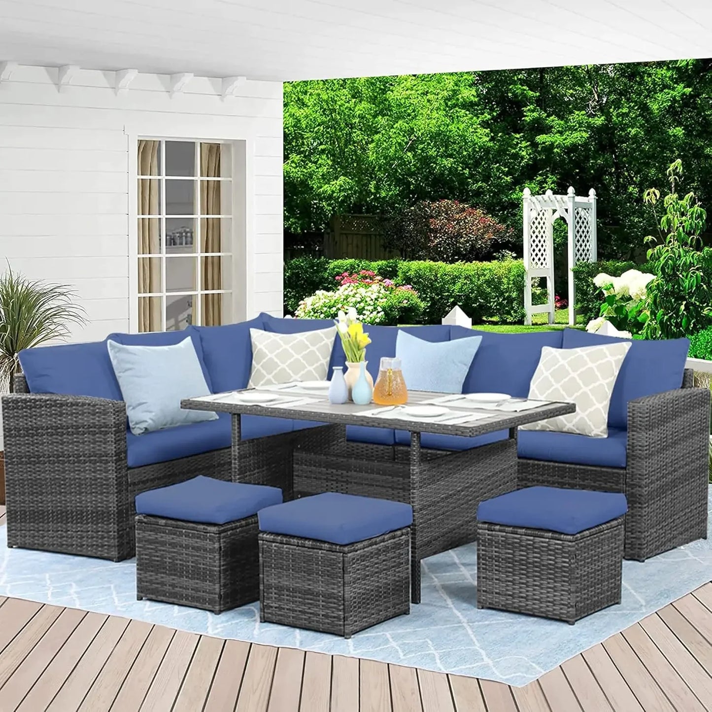 Terrace Furniture Set, 7-piece Outdoor Combination Sofa with Dining Table and Chairs, All-weather Willow Reception Set