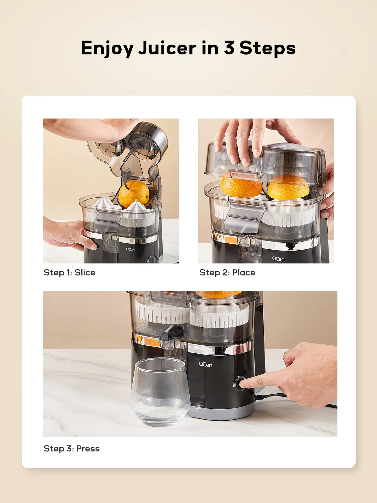 Electric Citrus Juicer, Automatic Dual Orange and Lemon Squeezer with Built-In Citrus Slicer, Easy to Clean,