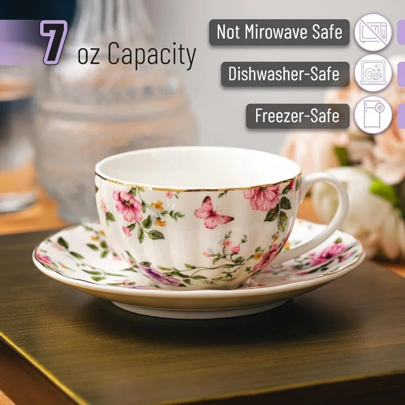 BTaT- Floral Tea Cups and Saucers, 7 oz, Tea Cups Set of 6, Porcelain Tea Cups, Cup & Saucer Sets, Cup Set of 6
