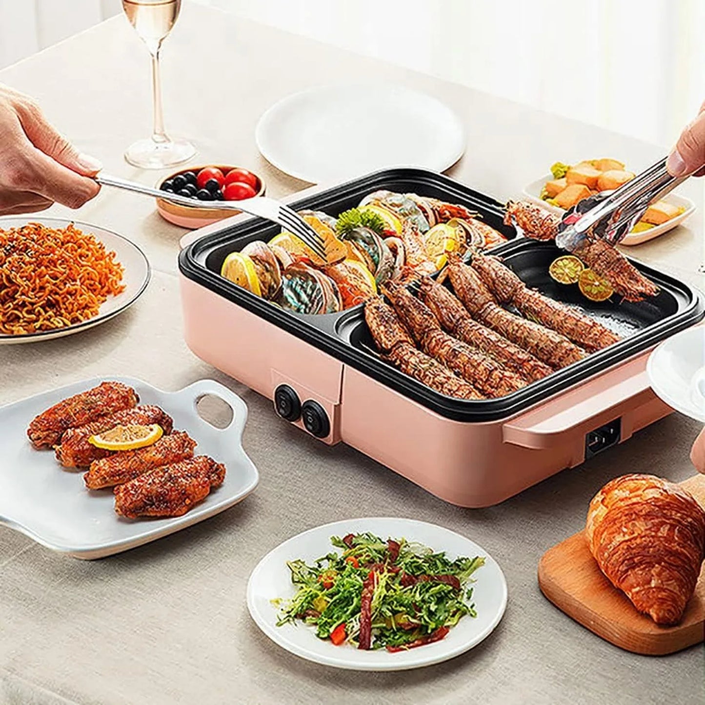 Electric Grill and Hot Pot, Smokeless Griddle, Portable Non-Stick Teppanyaki Pan, Ideal for Indoor/Outdoor Parties