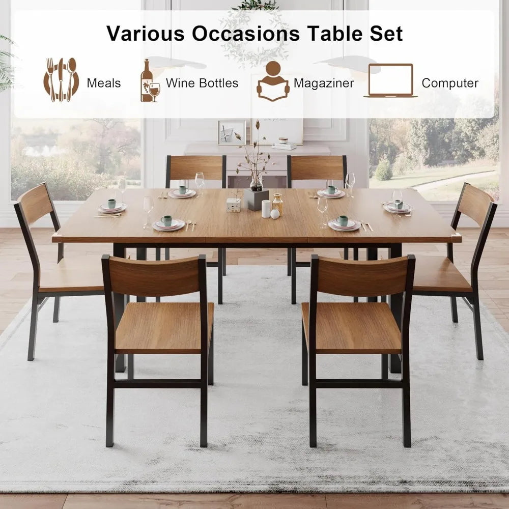 7-Piece Dining Room Table Set with 6 Chairs, 63" Extendable Dining Table & Chairs Set for 4-6, MDF Board & Metal Frame, Dinette