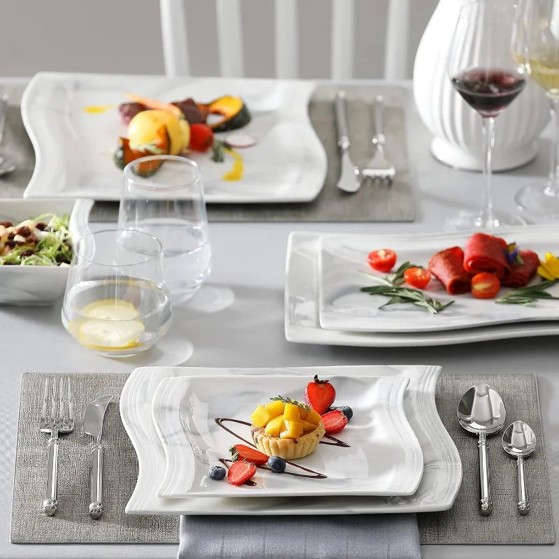 Porcelain Dinnerware Sets, Modern Square Dinner Set Plates and Bowls for Dessert, Salad and Pasta,