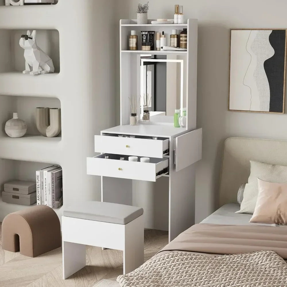 Vanity Desk Set with Adjustable Lighted Mirror and Storage Chair, Makeup Vanity Table for Small Space