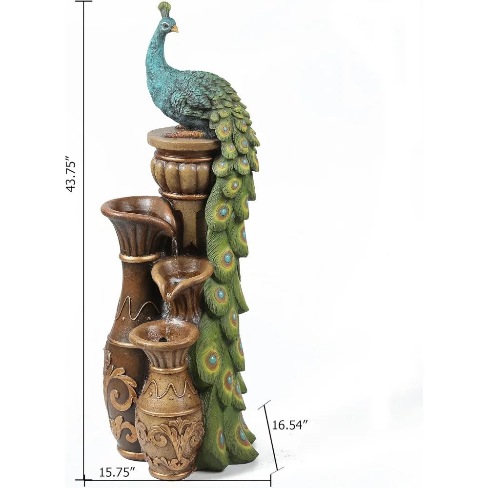 44" Resin Pedestal Peacock and Urns Garden Water Fountain Outdoor with LED Light, Tall Fountains Outdoor for Garden Patio