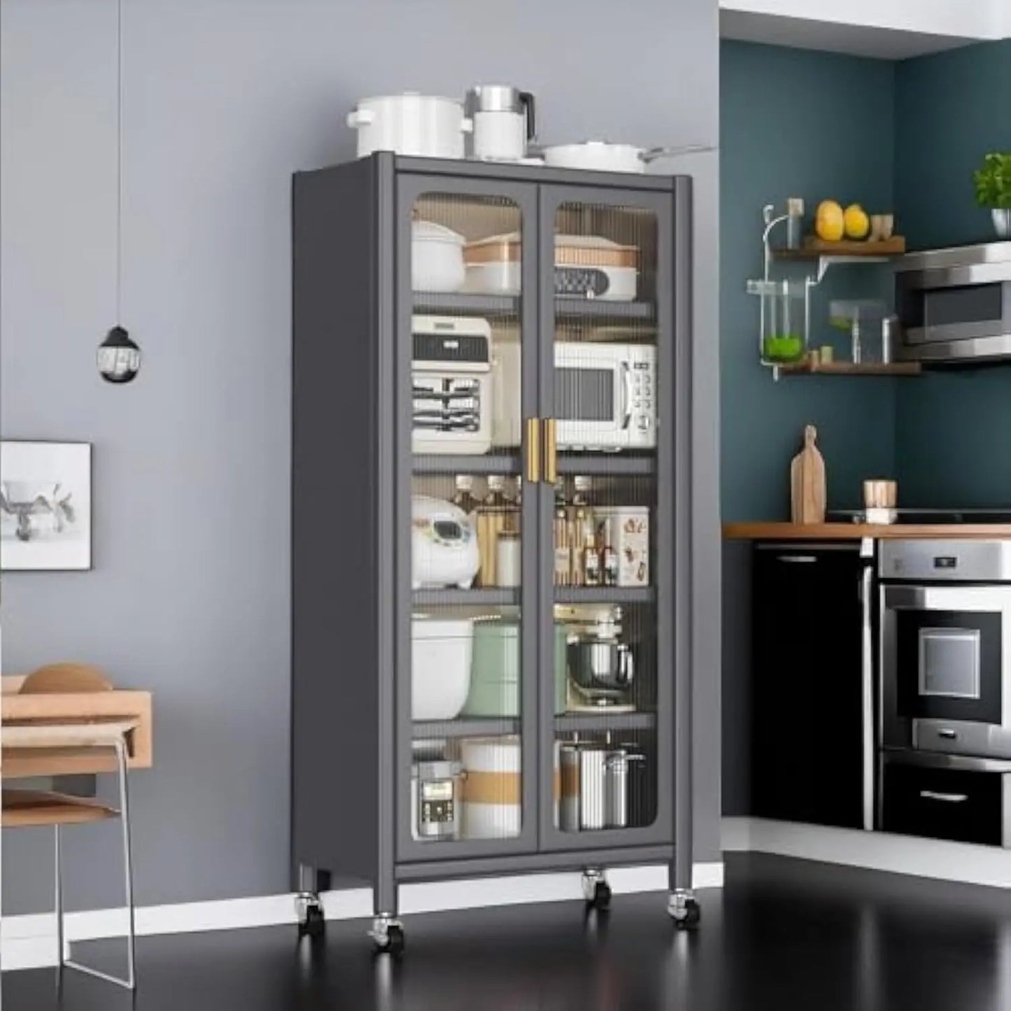 " Metal Kitchen Storage Cabinets with 10 Hooks Microwave Stand with Storagee