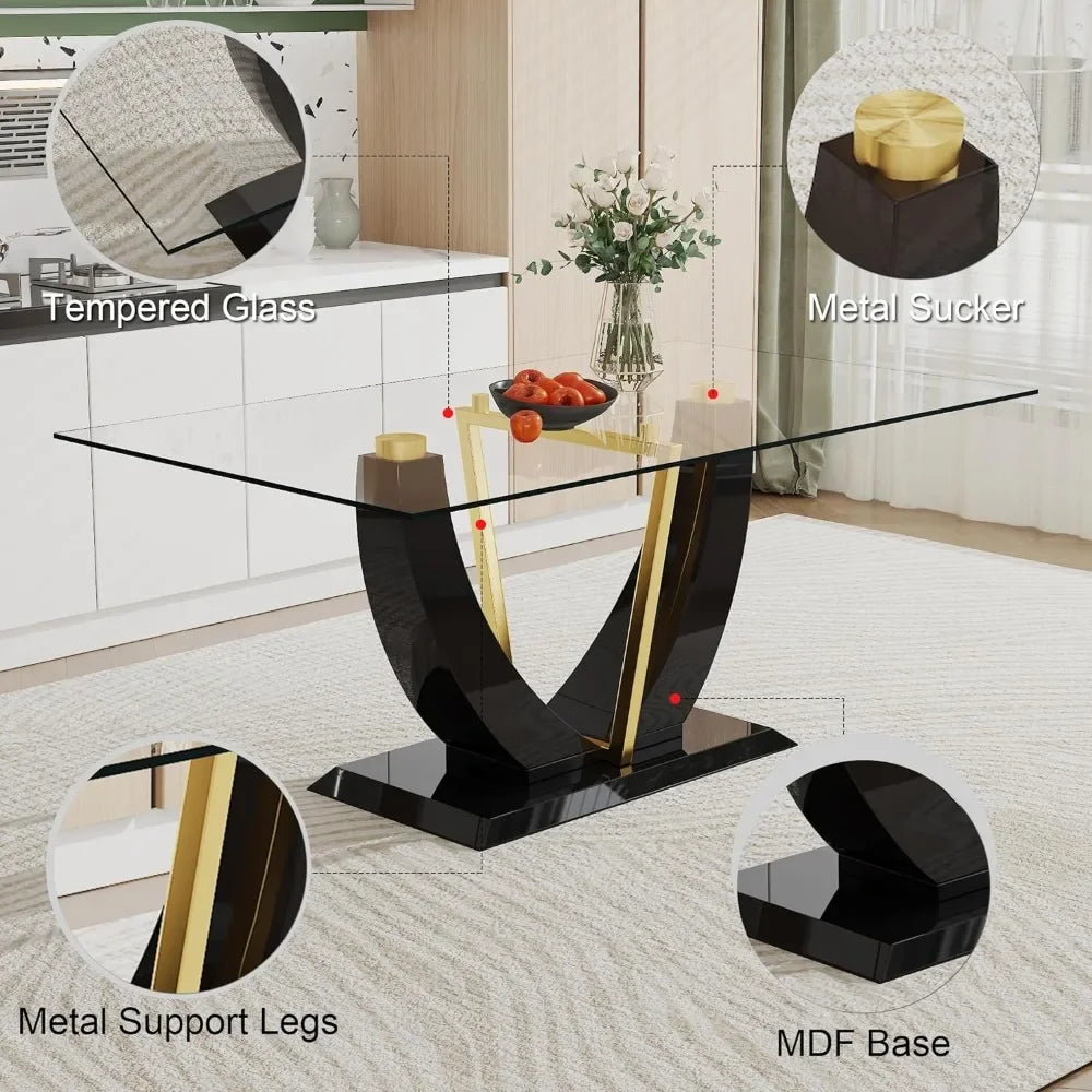 Dining Room Sets, Glass Table Set for 4, Top Thick 0.39",5 Piece with 4 Pcs Leather Dining Chairs, Dining Room Sets