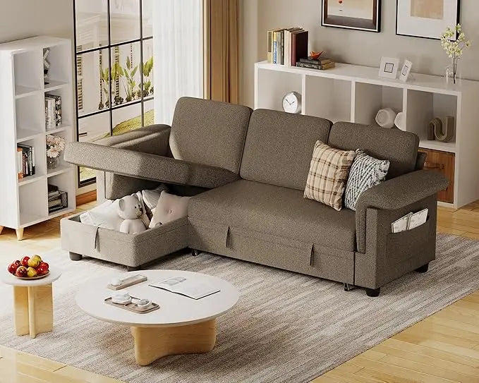 Sleeper Sofa L-Shaped Pull Out Sofa Bed with Storage Space Convertible Sectional Couches for Living Room/Bedroom/Office/