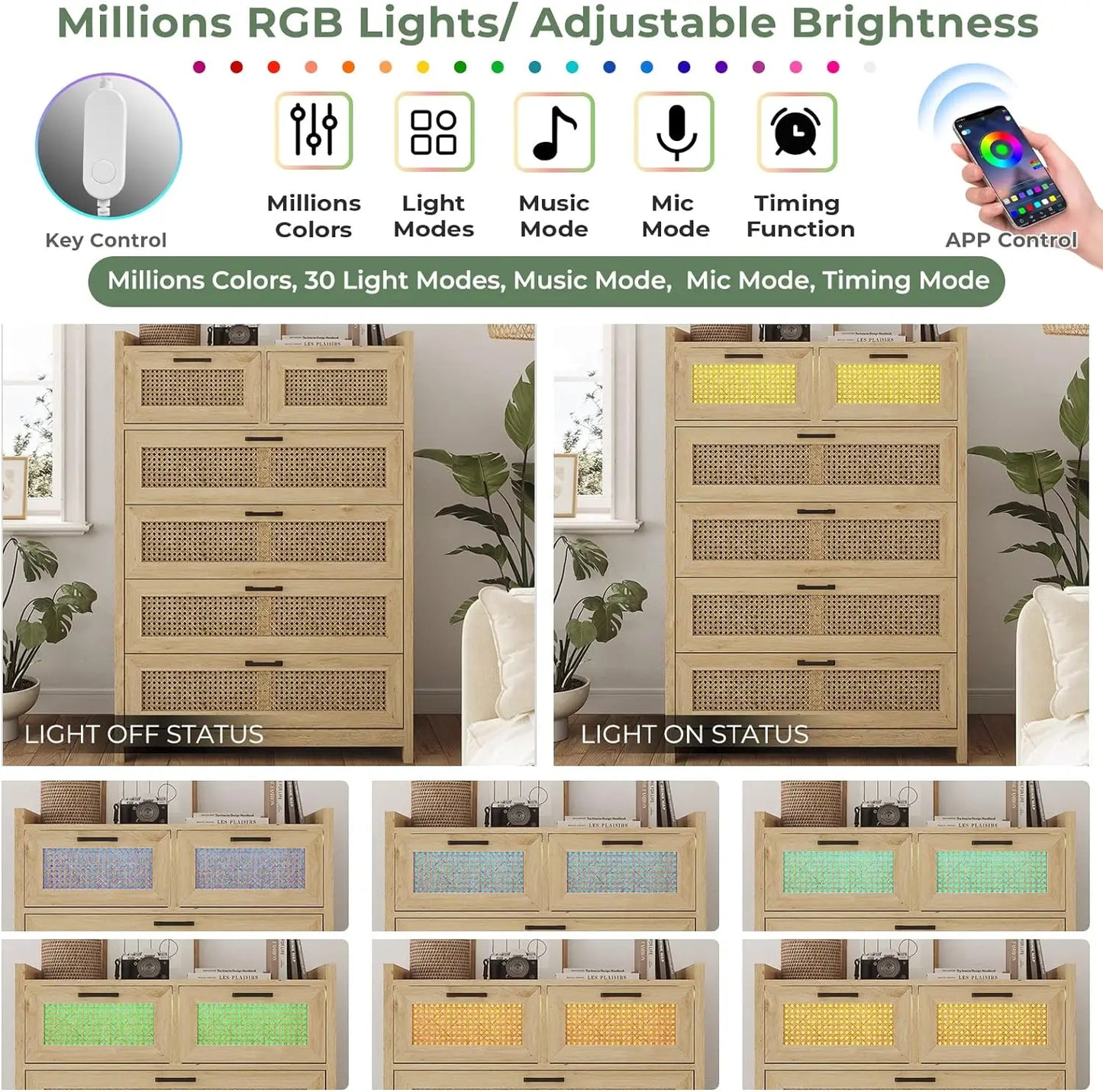 Bedroom, Rattan Wood Dressers with Led Light, Tall Dressers & Chests of Drawers, for Bedroom, Entryway