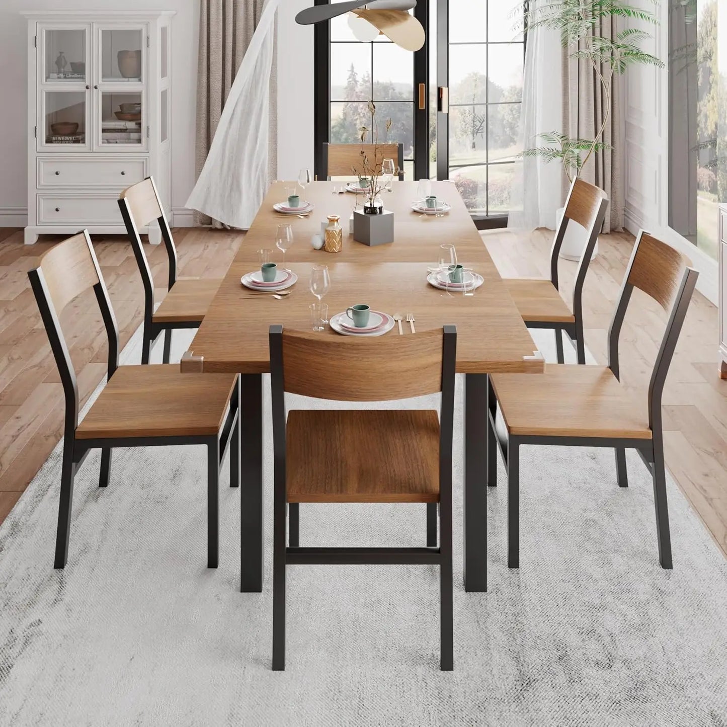 7-Piece Dining Room Table Set with 6 Chairs, 63" Extendable Dining Table & Chairs Set for 4-6, MDF Board & Metal Frame, Dinette