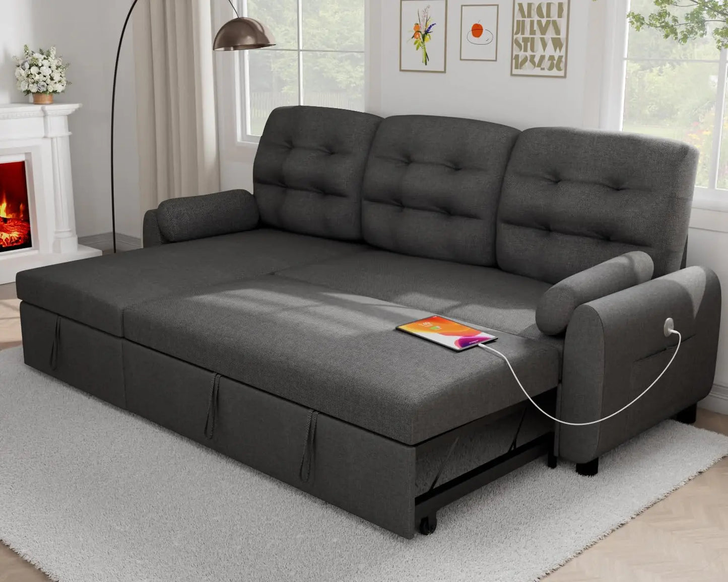 Sectional Sofa Couch, Sleeper Sofa Bed with Reversible Storage Chaise Pull Out Couch for Living Room Side Pocket