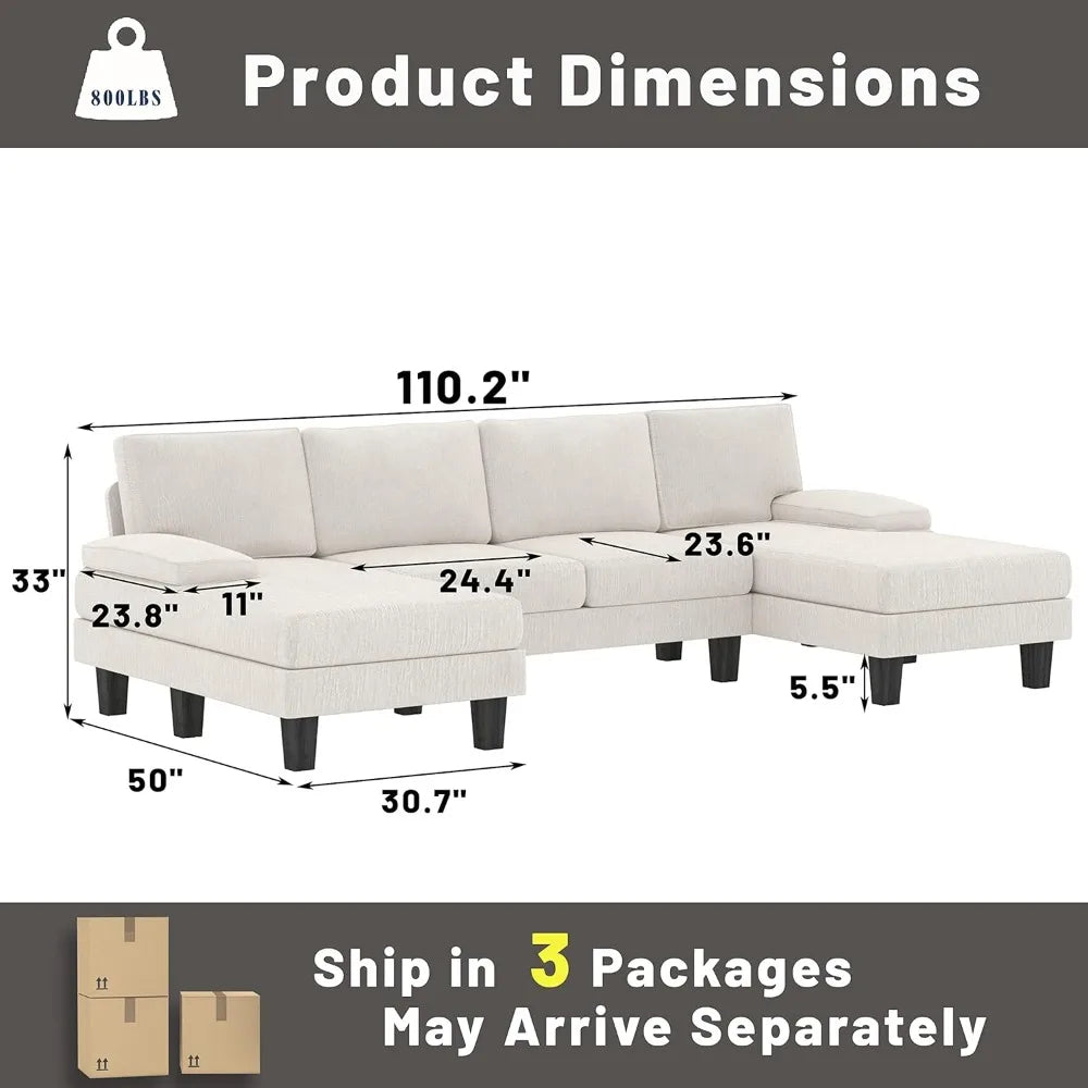 Convertible Sectional U-Shaped Couch with Soft Modern Cotton Chenille Fabric for Living Room,