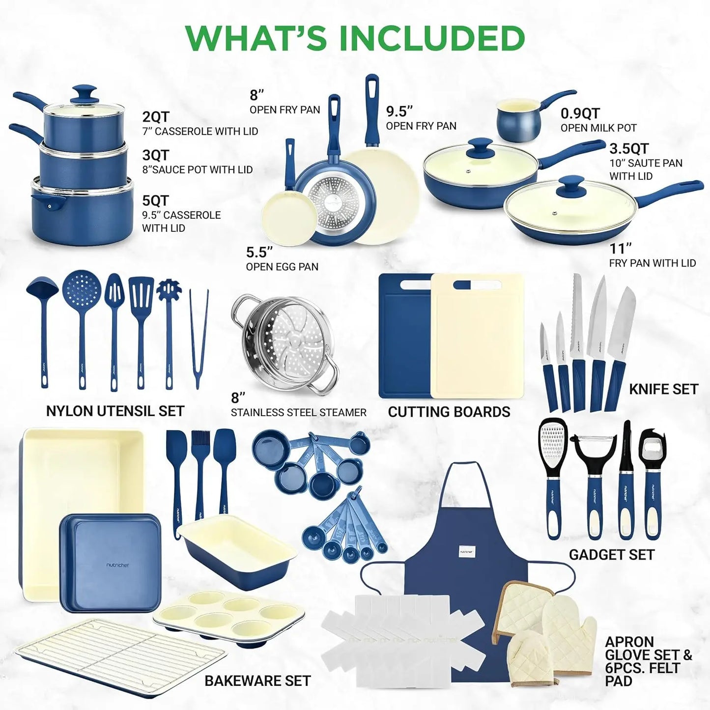 Grade Complete Home Kitchen Cookware Set, Ceramic Non-Stick Bakeware, Pots and Pans Kit,