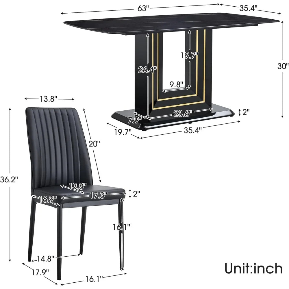 Table and Chairs for 6, Black Faux Marble Pattern Table with 6 Dining Chairs Suitable for Kitchen Sets