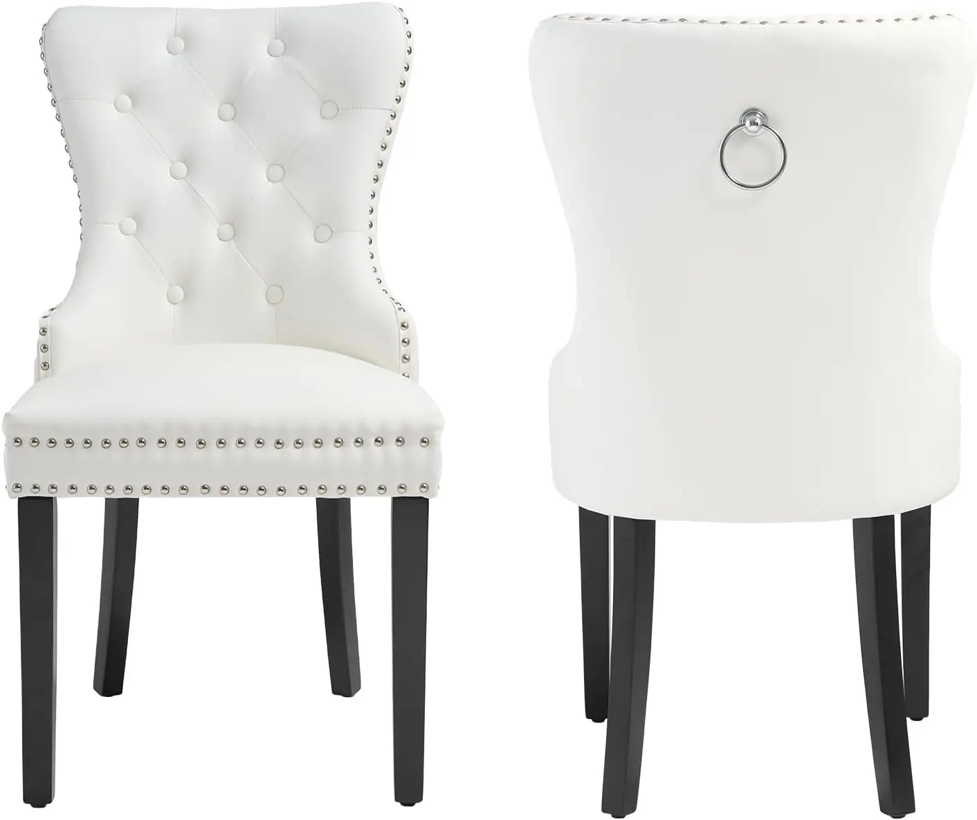 PU Leather Dining Chairs Set of 4, Tufted Upholstered Dining Room Chair with Solid Wood Legs and Pull Ring, Black