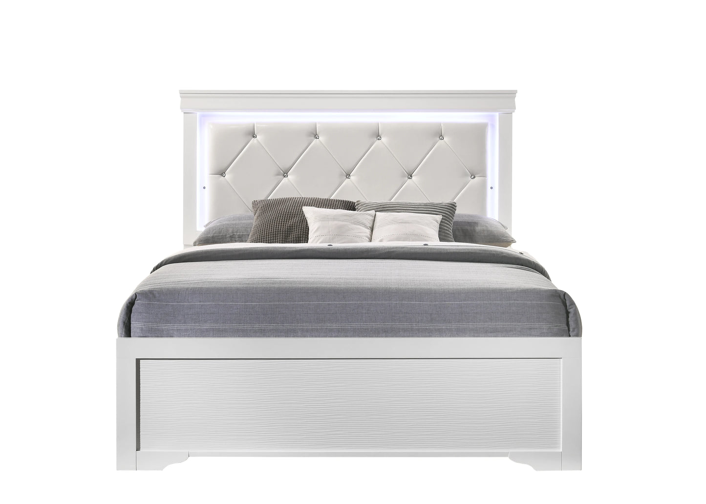 Queen 5-N Pc Tufted Upholstery LED Bedroom set made with Wood in White Bedroom Furniture Set