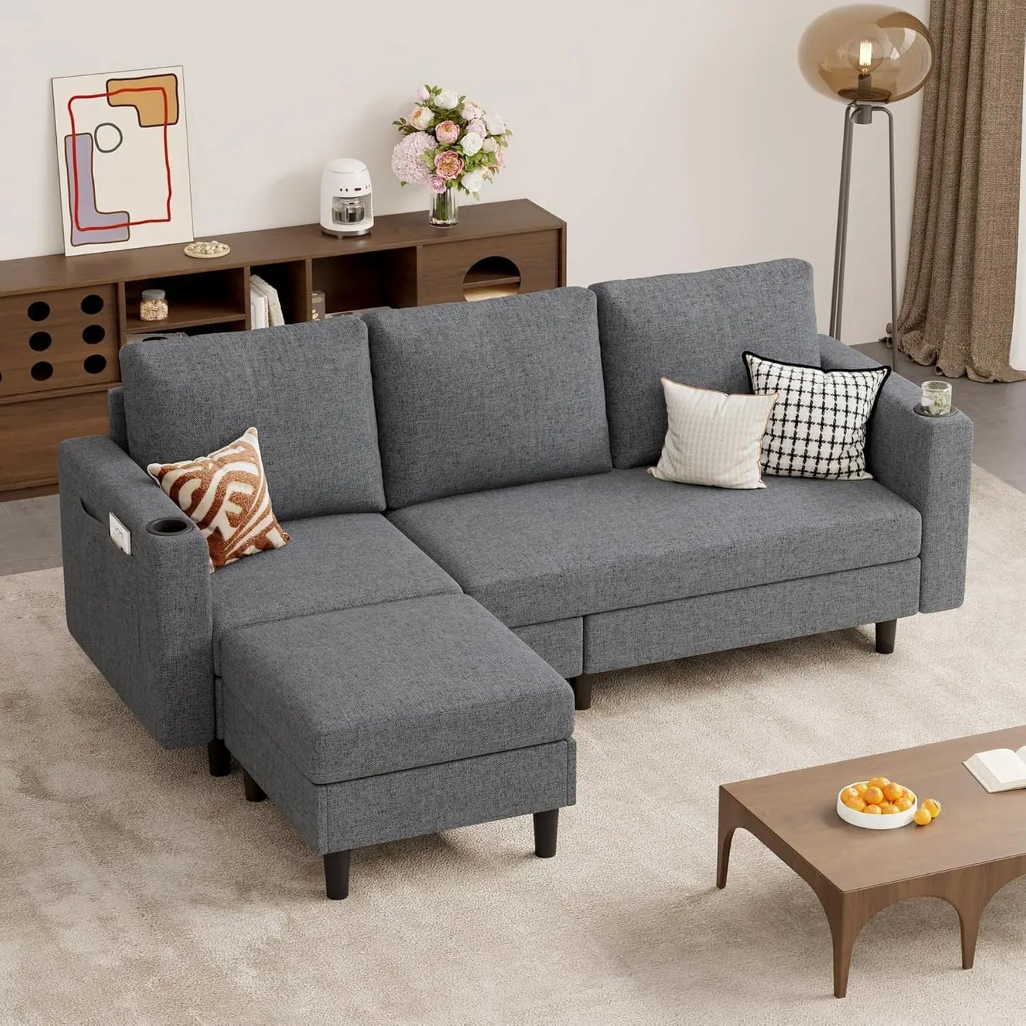 ' L Shaped 3-seat Sofa for Living Room, Apartment, Lounge, Bedroom-Washable Covers Con