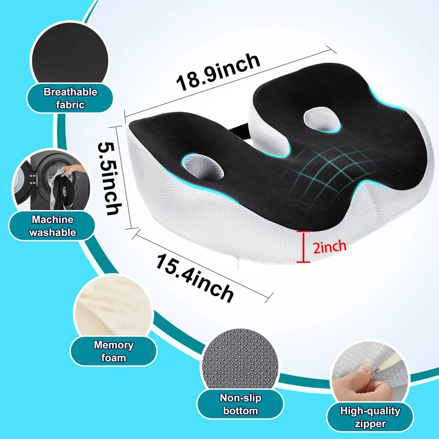 Ergonomic Memory Foam Seat Cushion for Sciatica Pain Relief, Larger Driving Seat Cushion for Short Drivers on Long Drives