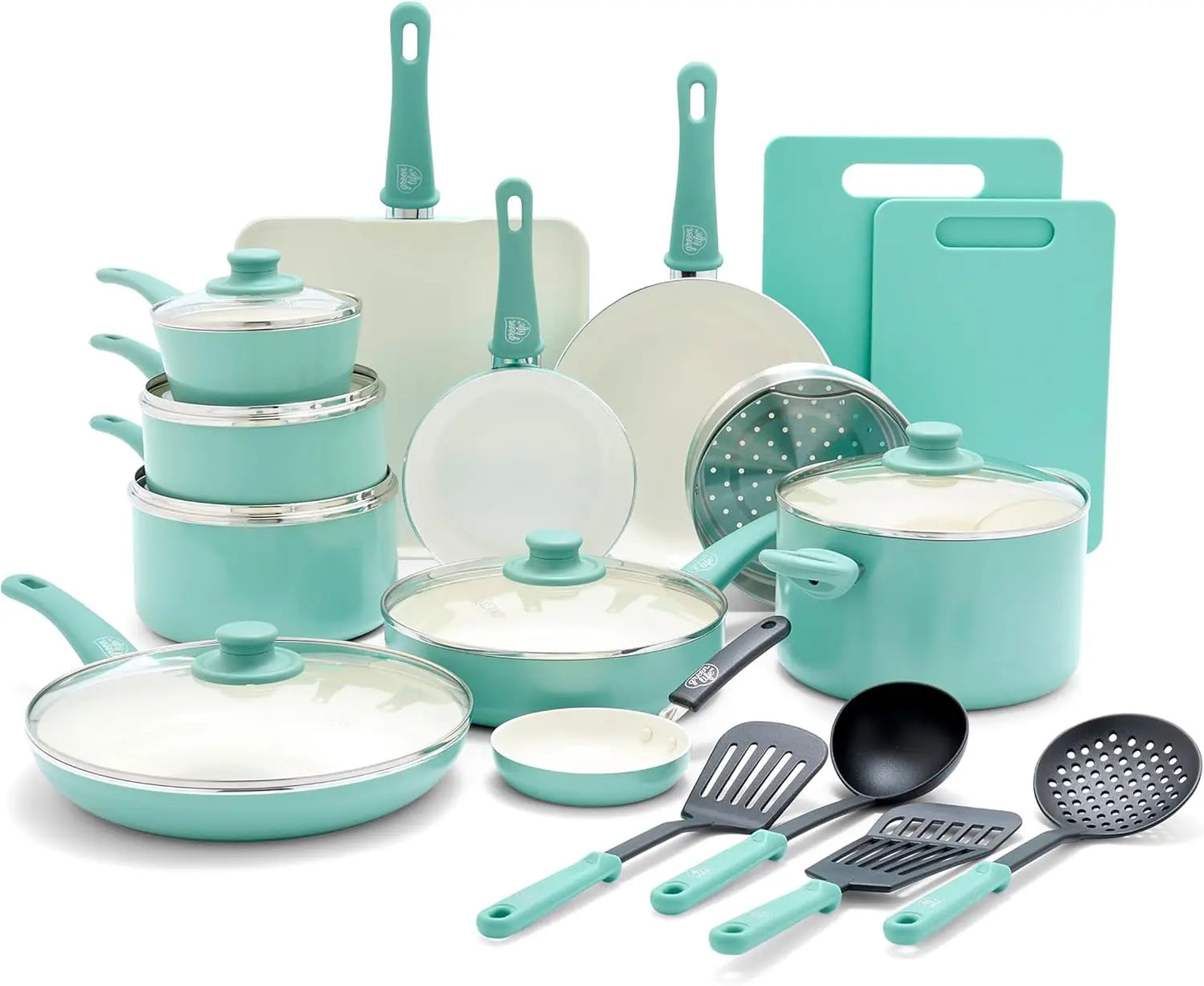 23 Piece Kitchen Cookware Pots and Frying Saucepans Set, Healthy Ceramic Nonstick PFAS and PFOA-Free, Dishwasher