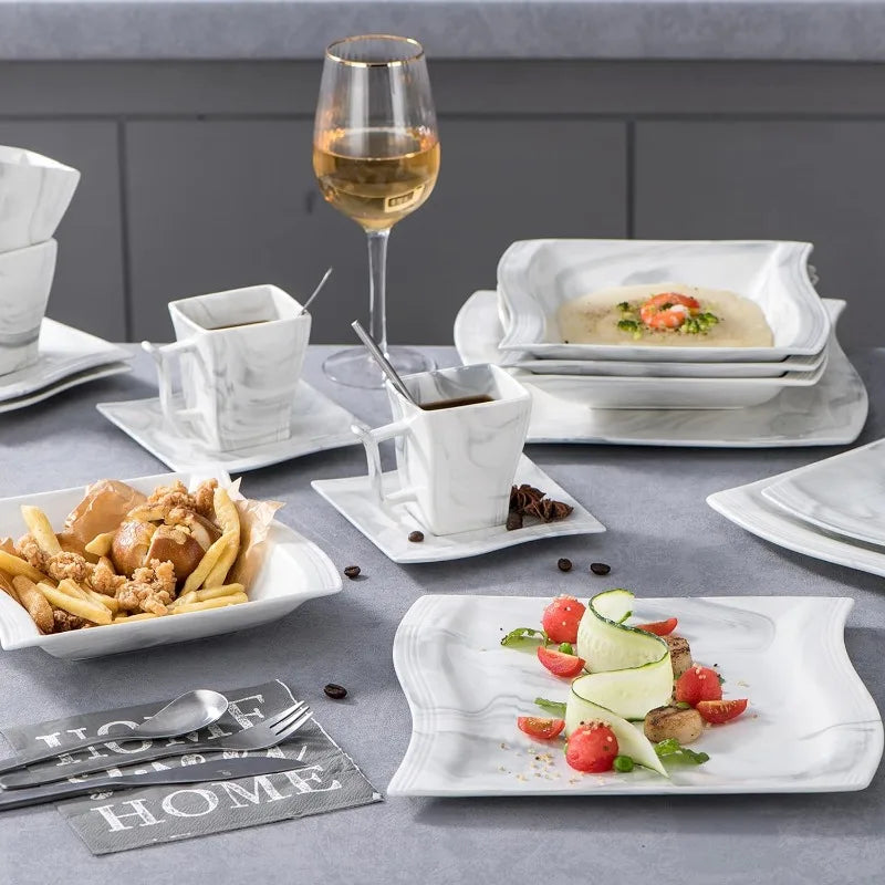 Porcelain Dinnerware Sets, Modern Square Dinner Set Plates and Bowls for Dessert, Salad and Pasta,