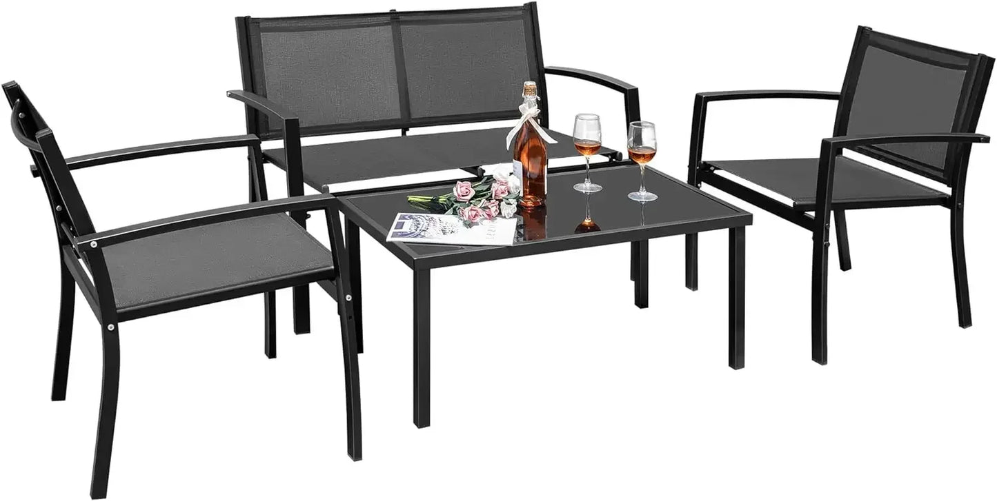 4 Pieces Outdoor Patio Furniture Modern Conversation Black Bistro Set with Loveseat Tea Table for Home, Lawn and Balcony
