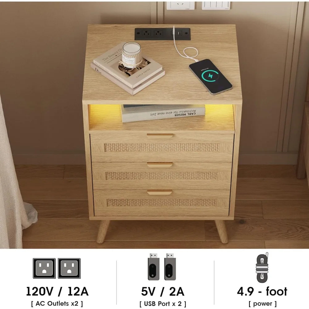 Rattan Nightstand with Charging Station USB Port Led Lights and 3 Storage Drawers, Bedroom Furniture Night Stand BedsideTable
