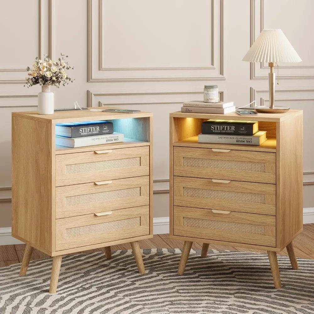 Rattan Nightstand with Charging Station USB Port Led Lights and 3 Storage Drawers, Bedroom Furniture Night Stand BedsideTable