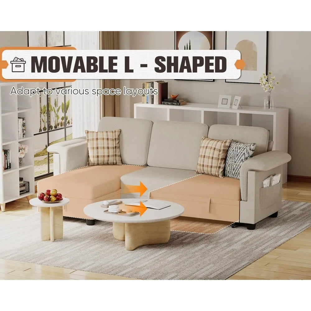 Sleeper Sofa L-Shaped Pull Out Sofa Bed with Storage Space Convertible Sectional Couches for Living Room/Bedroom/Office/