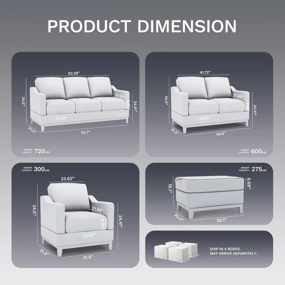 Sectional Sofa Couch Set with Coffee Table-Living Room Sofa Set with 3-Seater Couch, Loveseat Sofa and Armchair, Modern Versatil