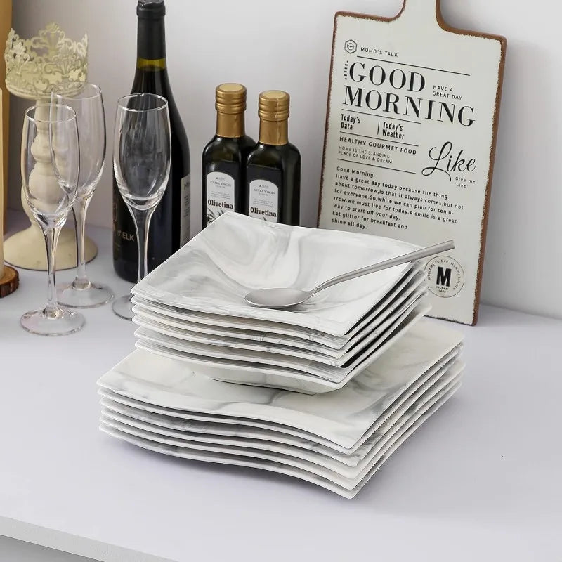 Porcelain Dinnerware Sets, Modern Square Dinner Set Plates and Bowls for Dessert, Salad and Pasta,